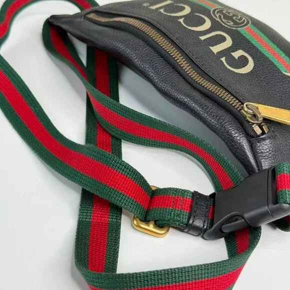 Gucci Black Leather Printed Bum Bag with Green & Red Stripes and Gold Hardware - Picture 7 of 8